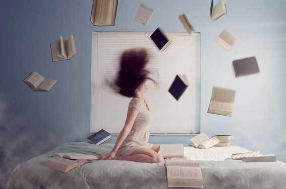 stress woman with books